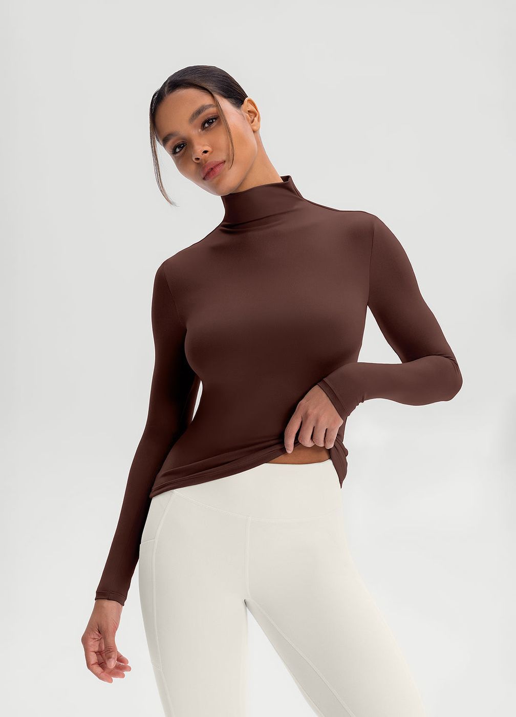 Mock Neck Long Sleeve Top in Chocolate, front view