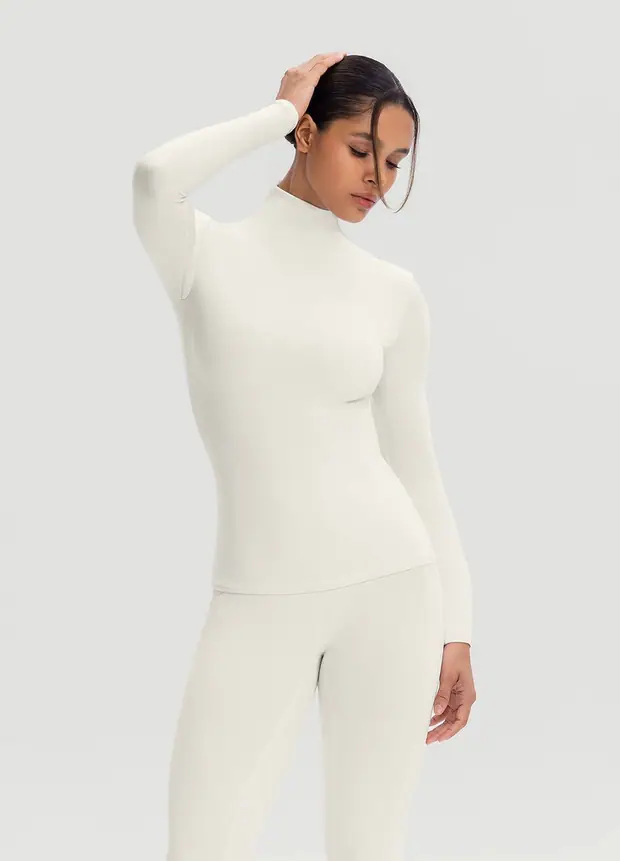 Mock Neck Long Sleeve Top in White, front view