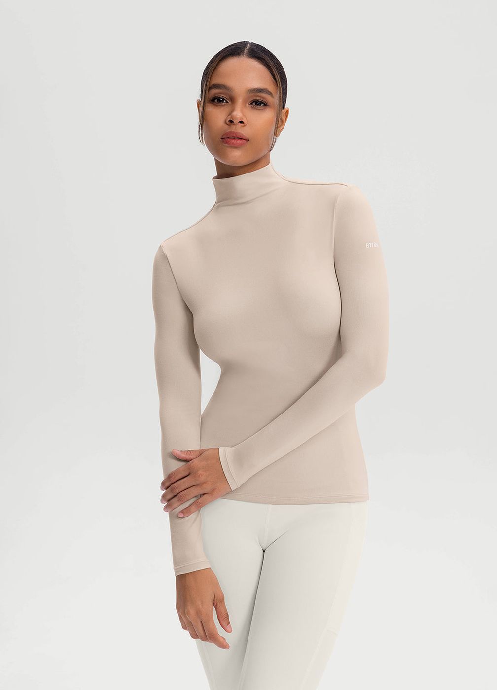 Mock Neck Long Sleeve Top in Oat Milk, front view