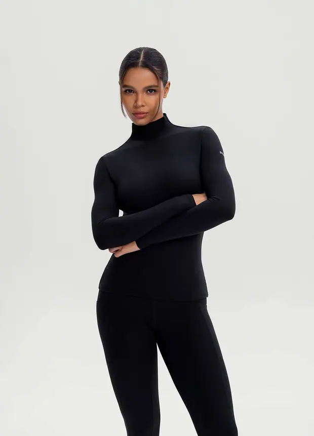 Mock Neck Long Sleeve Top in Black, front view