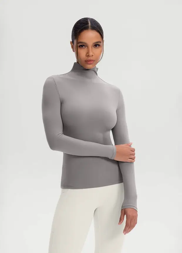 Mock Neck Long Sleeve Top in Cool Gray, front view