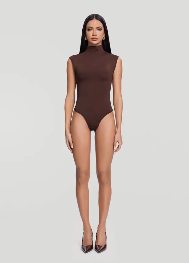 Mockneck Sleeveless Bodysuit in Brown, front view