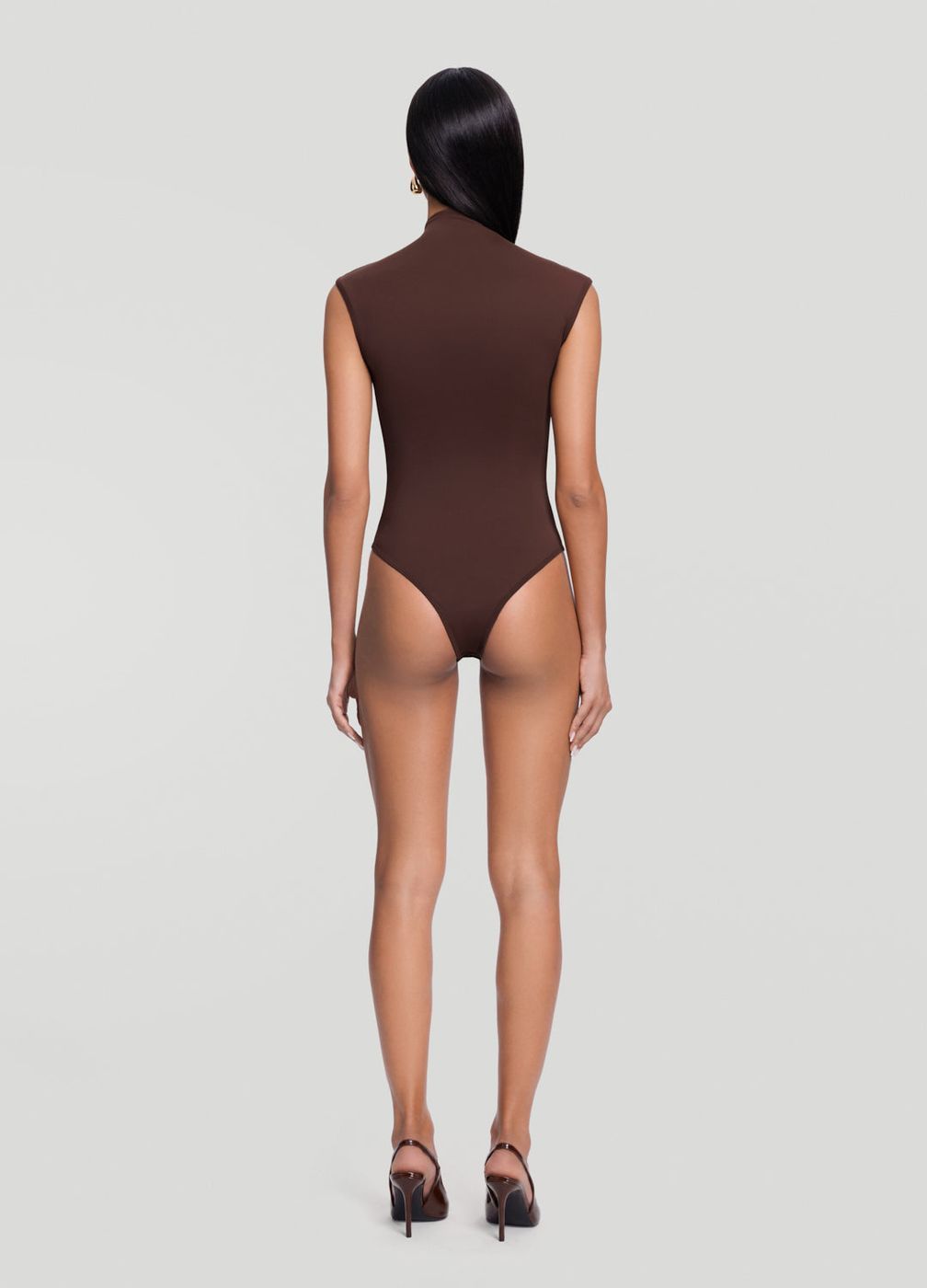 Mockneck Sleeveless Bodysuit in Brown, detail