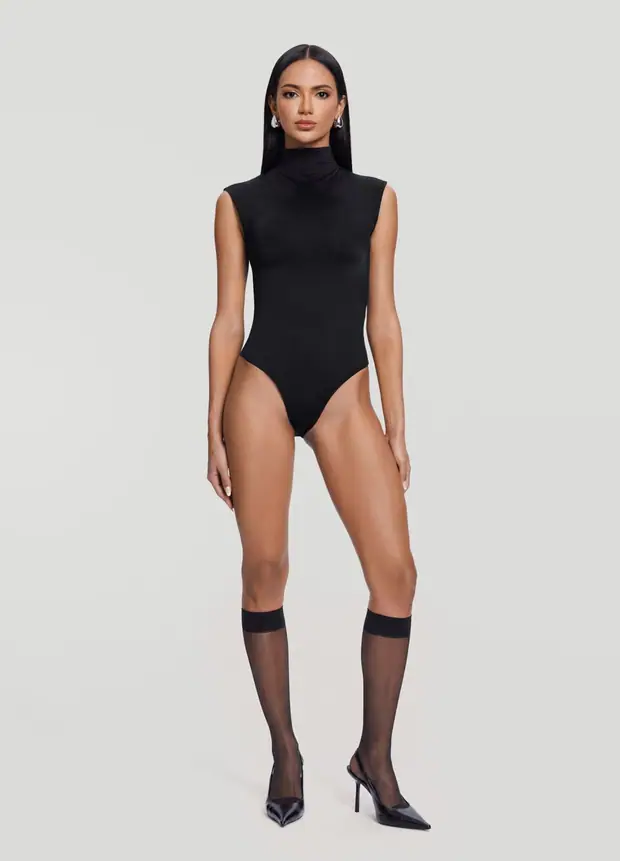 Mockneck Sleeveless Bodysuit in Black, front view
