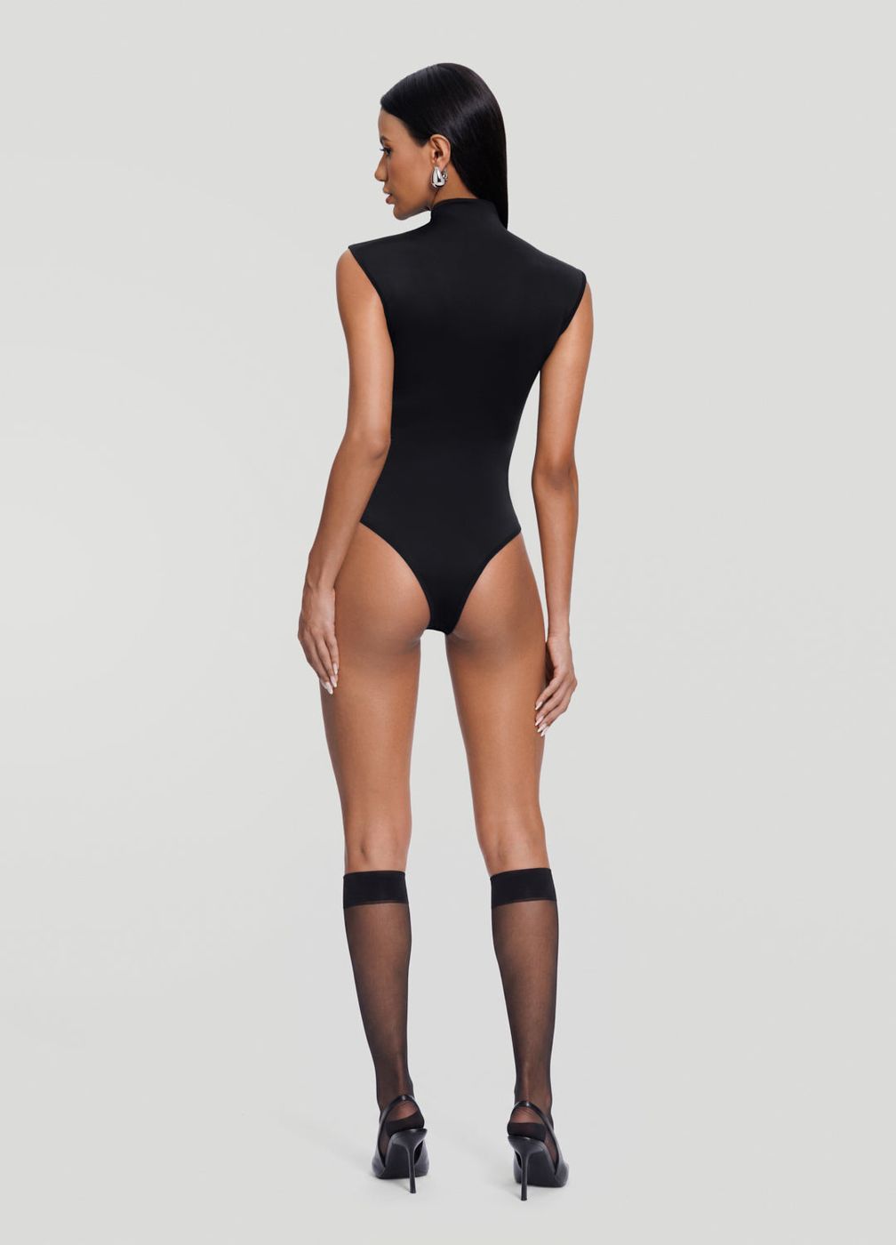 Mockneck Sleeveless Bodysuit in Black, detail