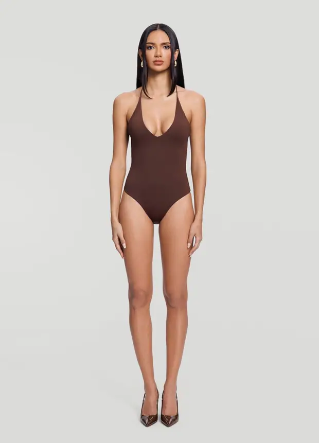 Open-back Bodysuit in Brown, front view