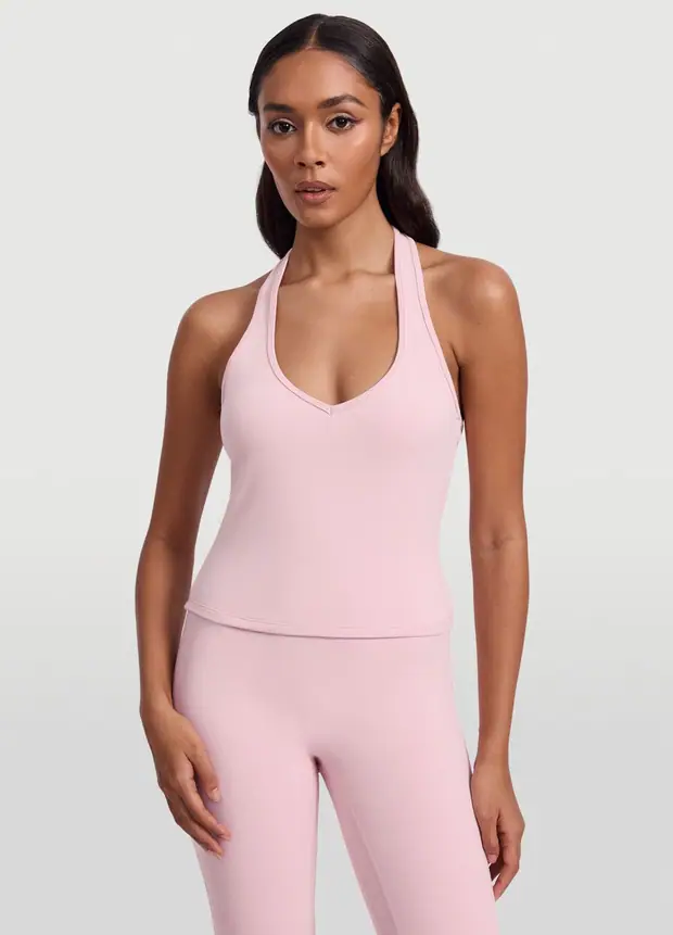 Open Back Halter Tank Top in Ballet Pink, front view