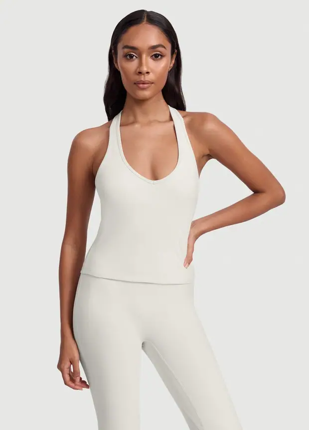 Open Back Halter Tank Top in White, front view