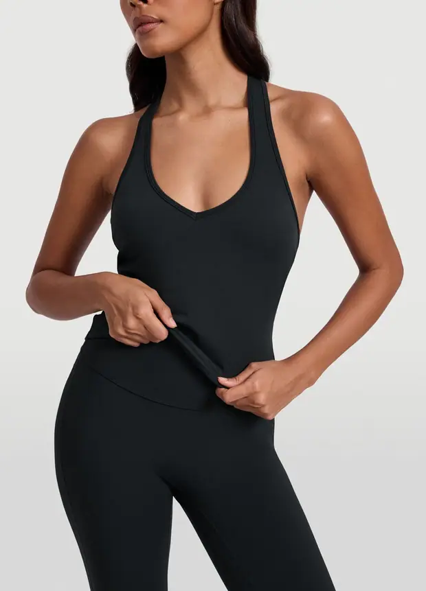 Open Back Halter Tank Top in Black, front view