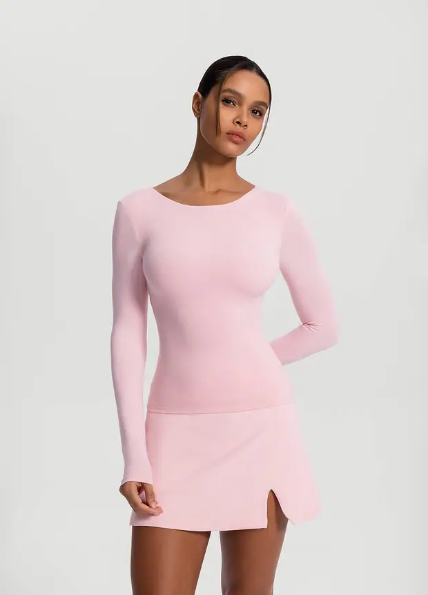 Open-back Long Sleeve Top in Ballet Pink, front view