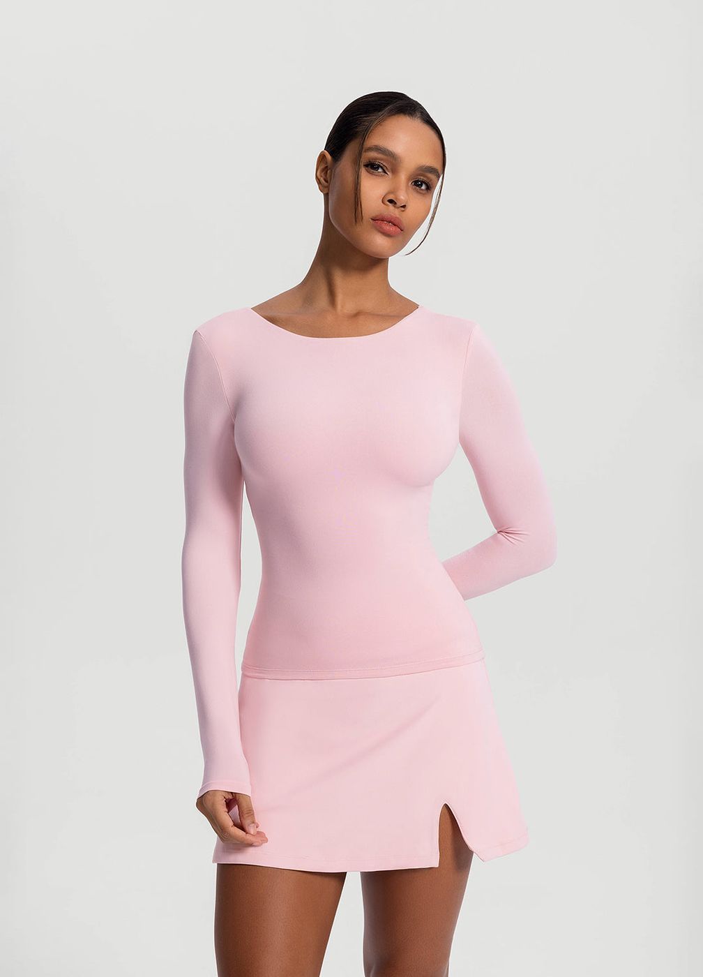 Open-back Long Sleeve Top in Ballet Pink, front view