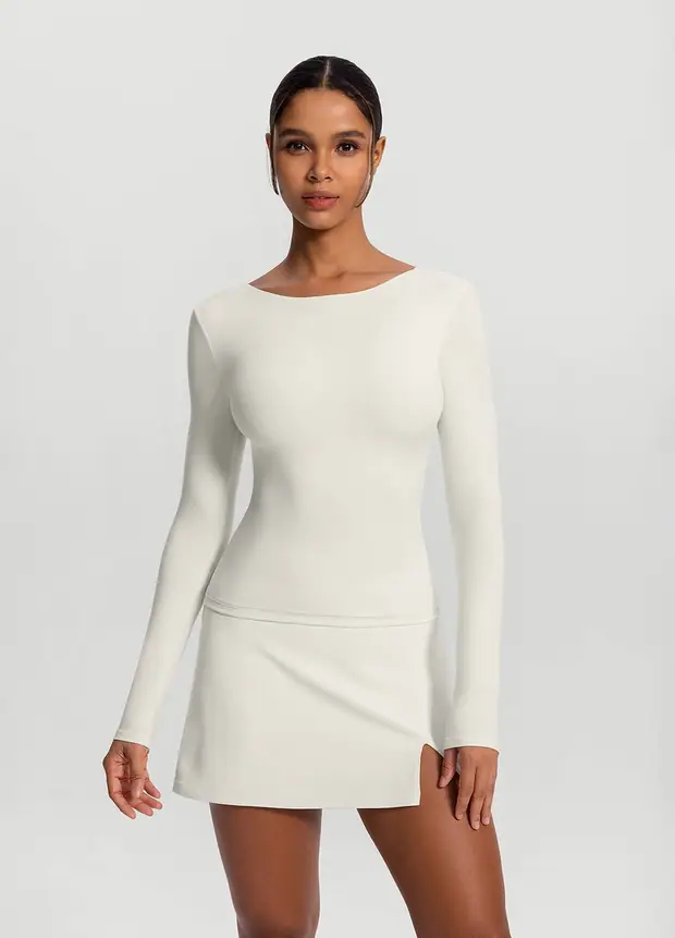 Open-back Long Sleeve Top in White, front view