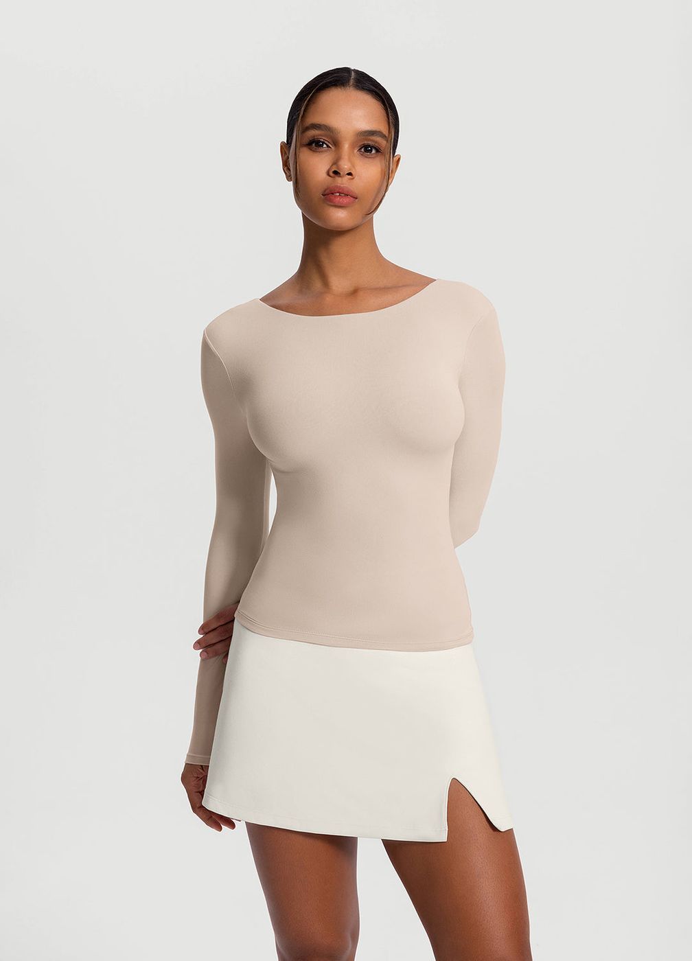 Open-back Long Sleeve Top in Oat Milk, front view