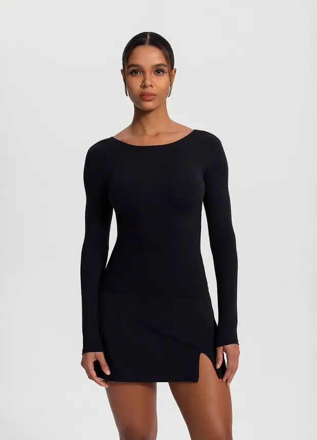 Open-back Long Sleeve Top in Black, front view