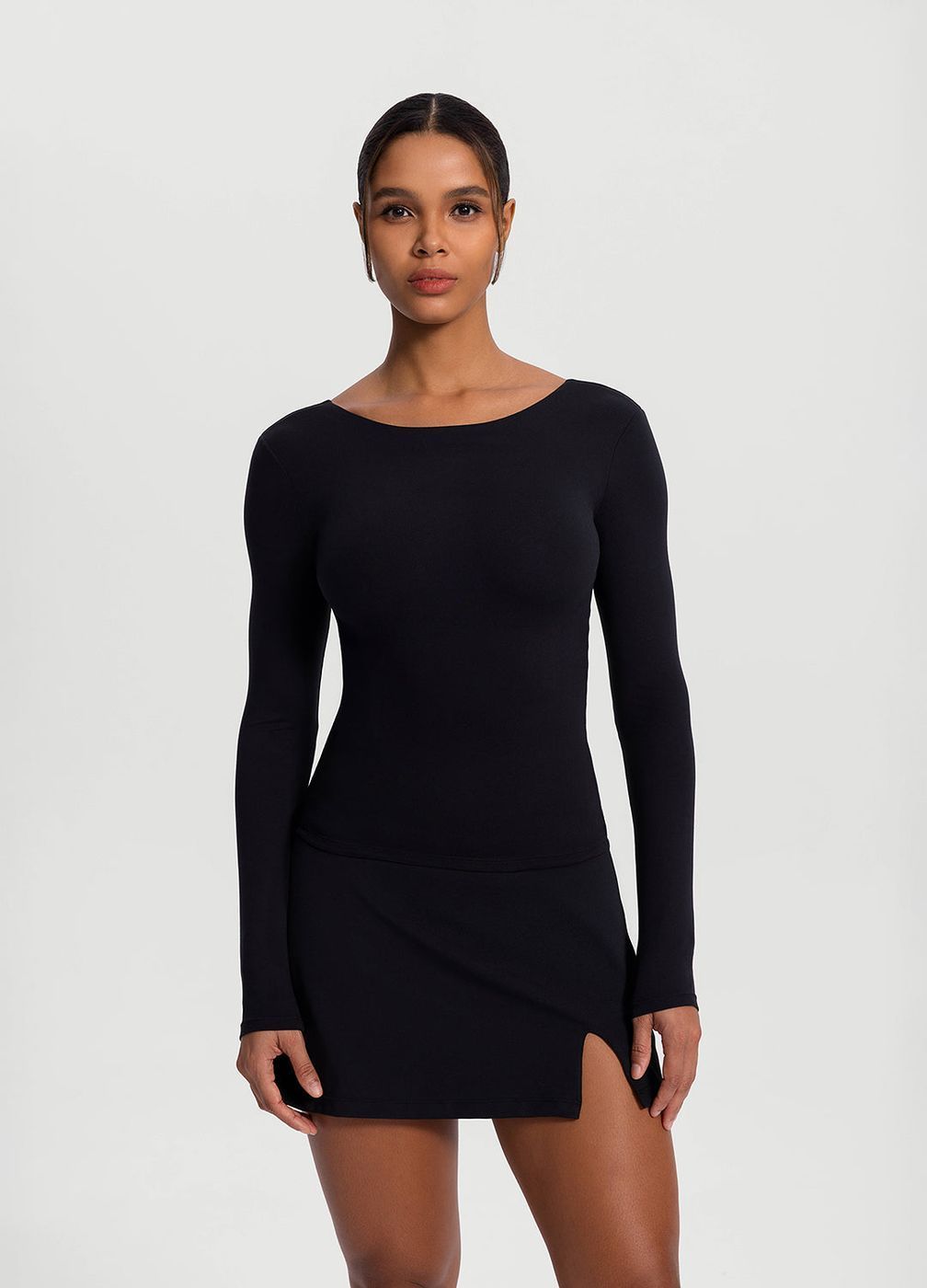 Open-back Long Sleeve Top in Black, front view