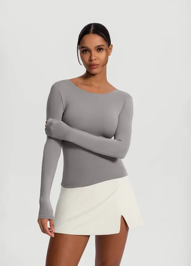 Open-back Long Sleeve Top in Cool Gray, front view