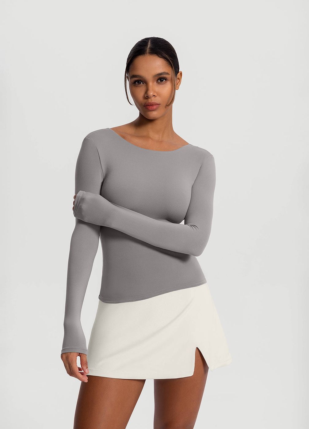 Open-back Long Sleeve Top in Cool Gray, front view