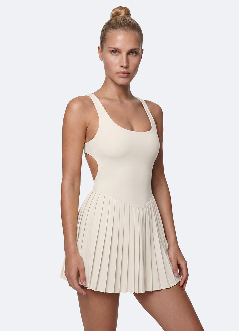 Open-back Pleated Tennis Dress in Ivory, detail