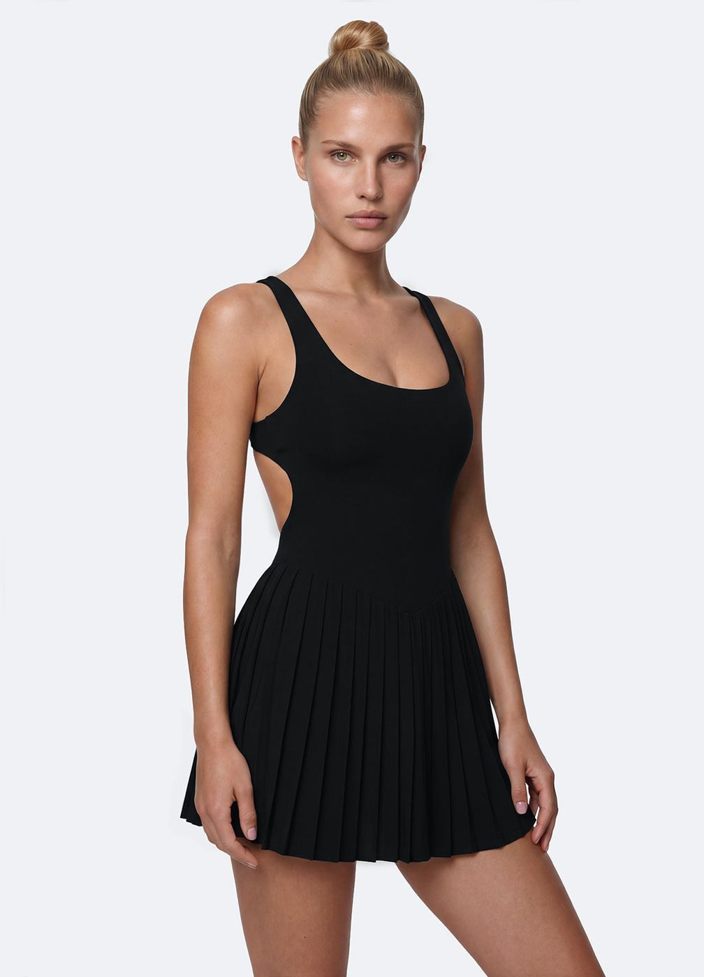 Open-back Pleated Tennis Dress in Black, detail