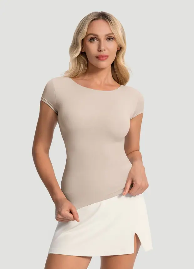 Open-back T-shirt in Oat Milk, front view