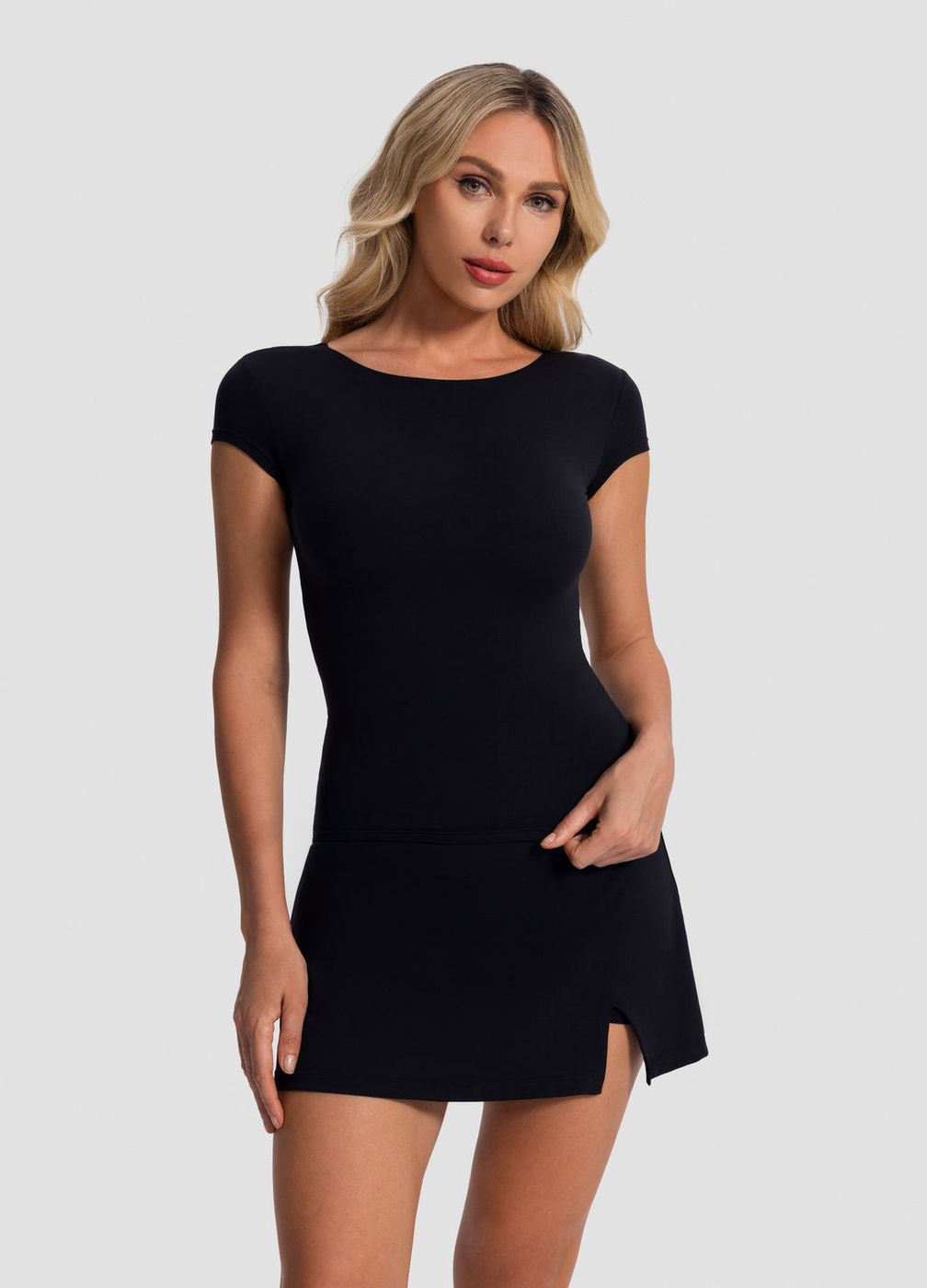 Open-back T-shirt in Black, front view