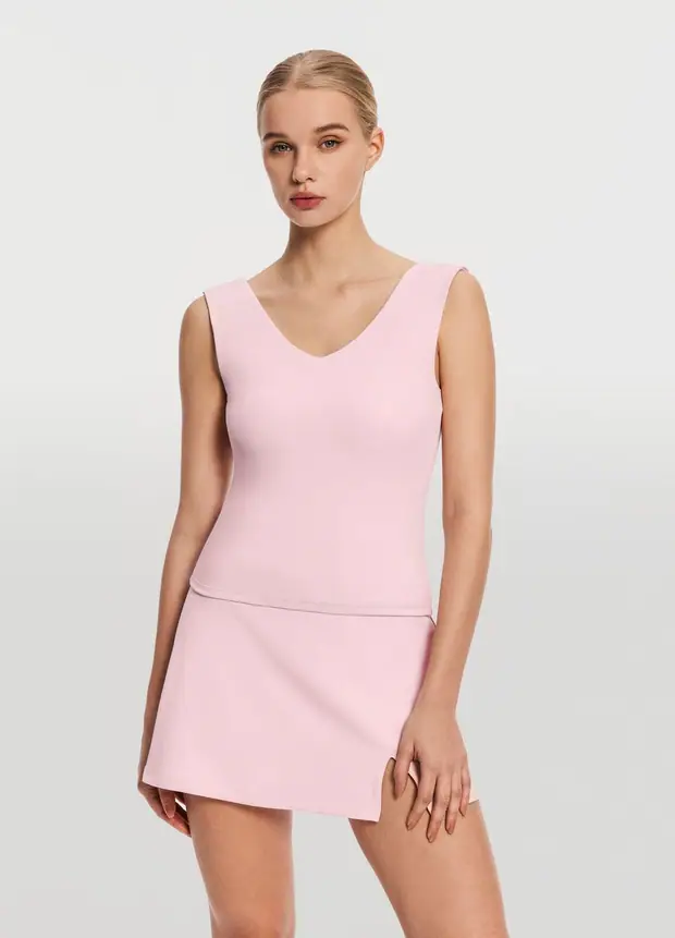 Open Back V-neck Top in Ballet Pink, front view