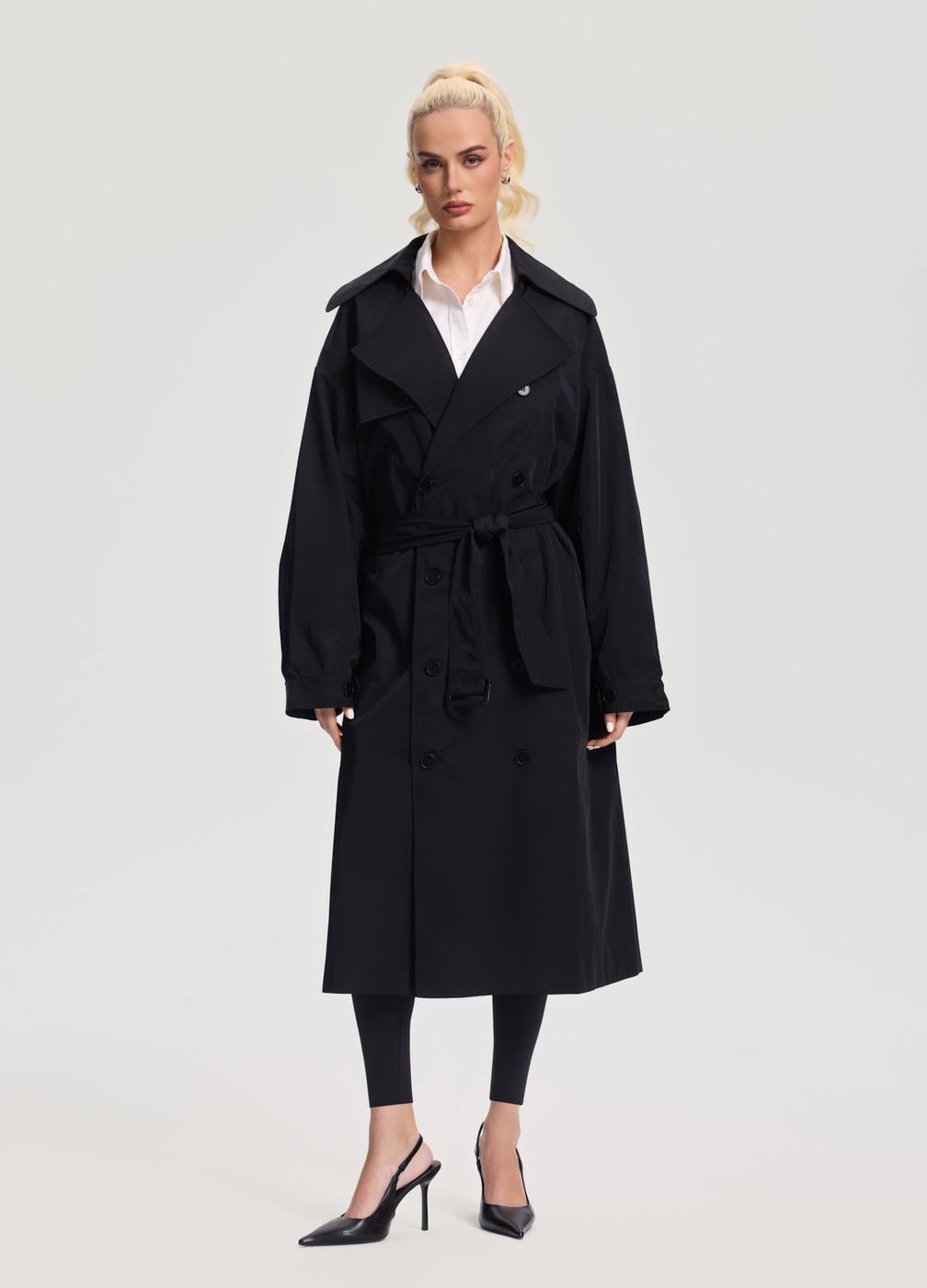 Oversized Double-breasted Trench Coat in Black, front view