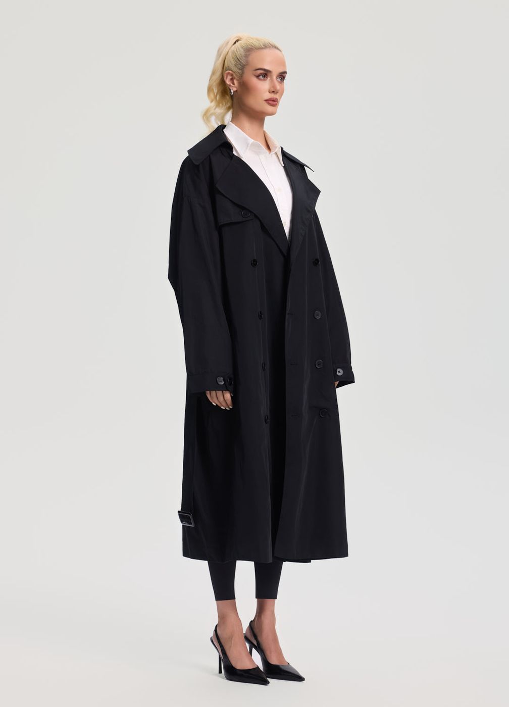 Oversized Double-breasted Trench Coat in Black, second view