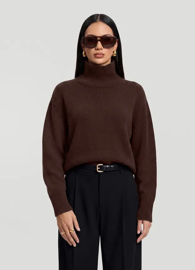 Oversized Wool Turtleneck Sweater in Brown, front view