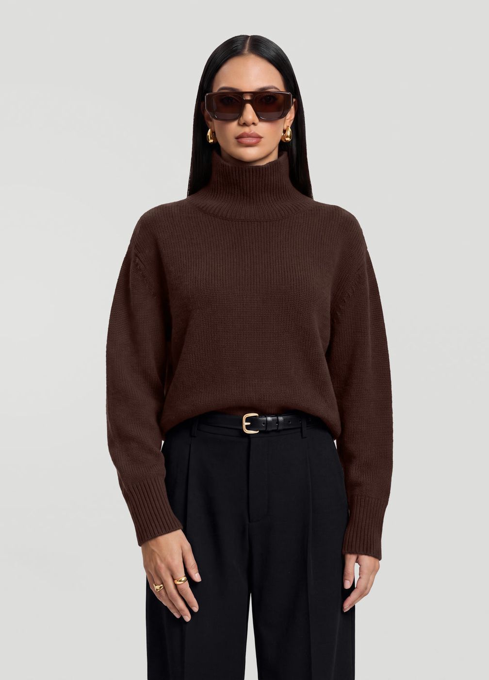 Oversized Wool Turtleneck Sweater in Brown, front view