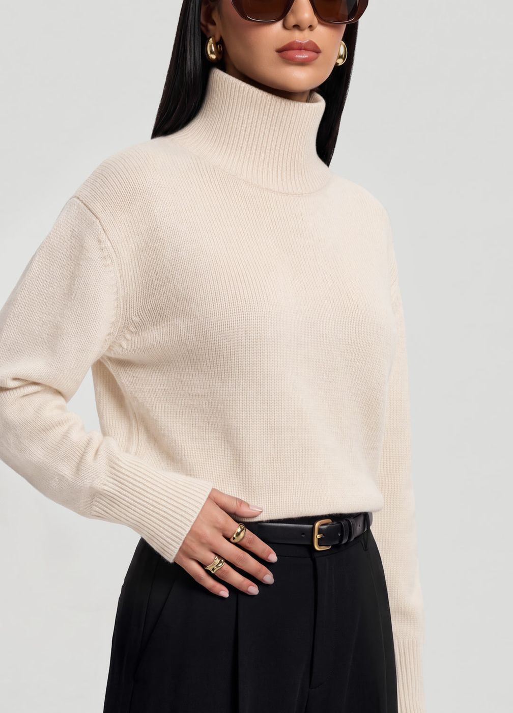 Oversized Wool Turtleneck Sweater in Ivory, detail