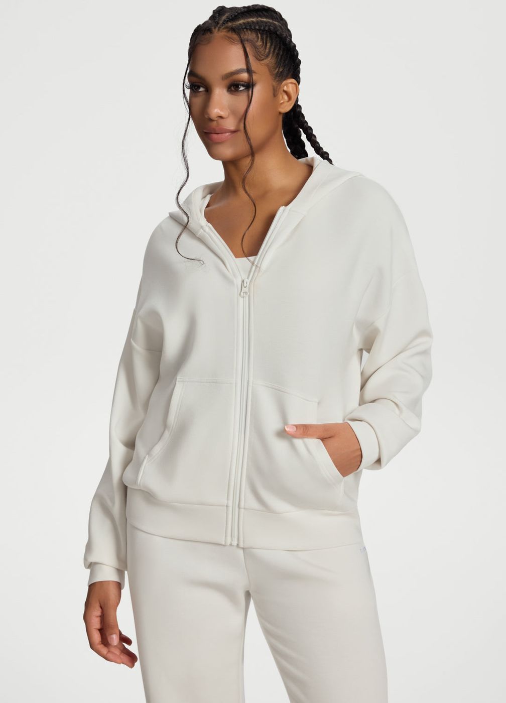 Oversized Zip-up Hoodie in White, front view