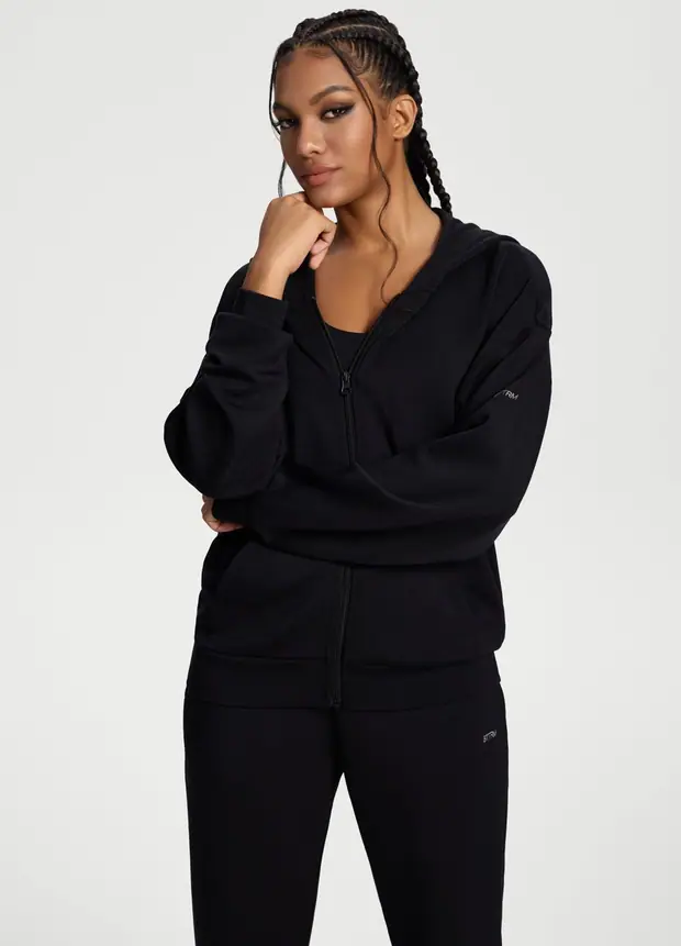 Oversized Zip-up Hoodie in Black, front view