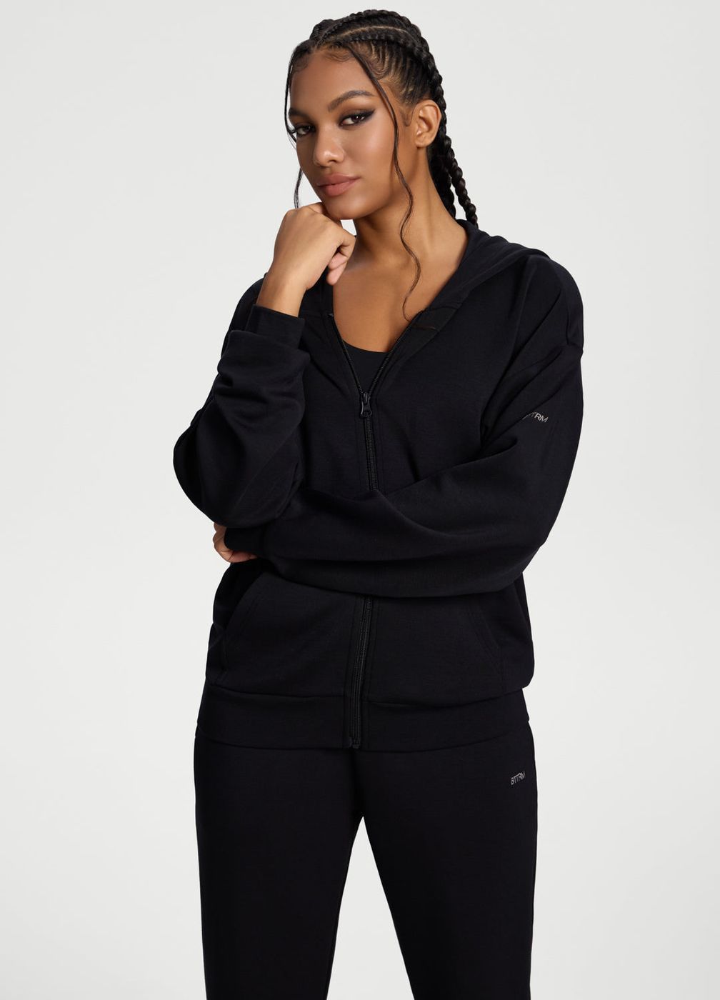 Oversized Zip-up Hoodie in Black, front view
