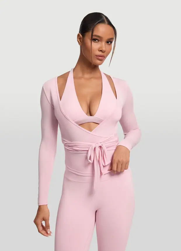 Pilates Wrap Top in Ballet Pink, front view