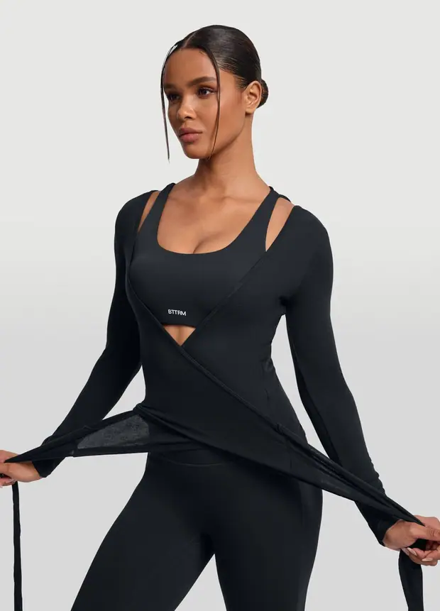 Pilates Wrap Top in Black, front view