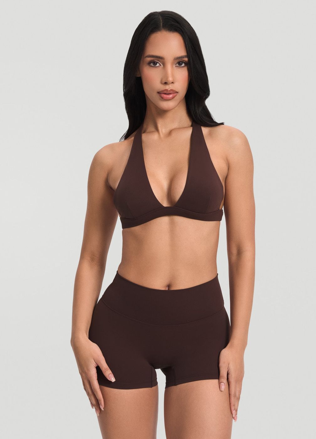 Plunge Neck Bra Top in Chocolate, front view