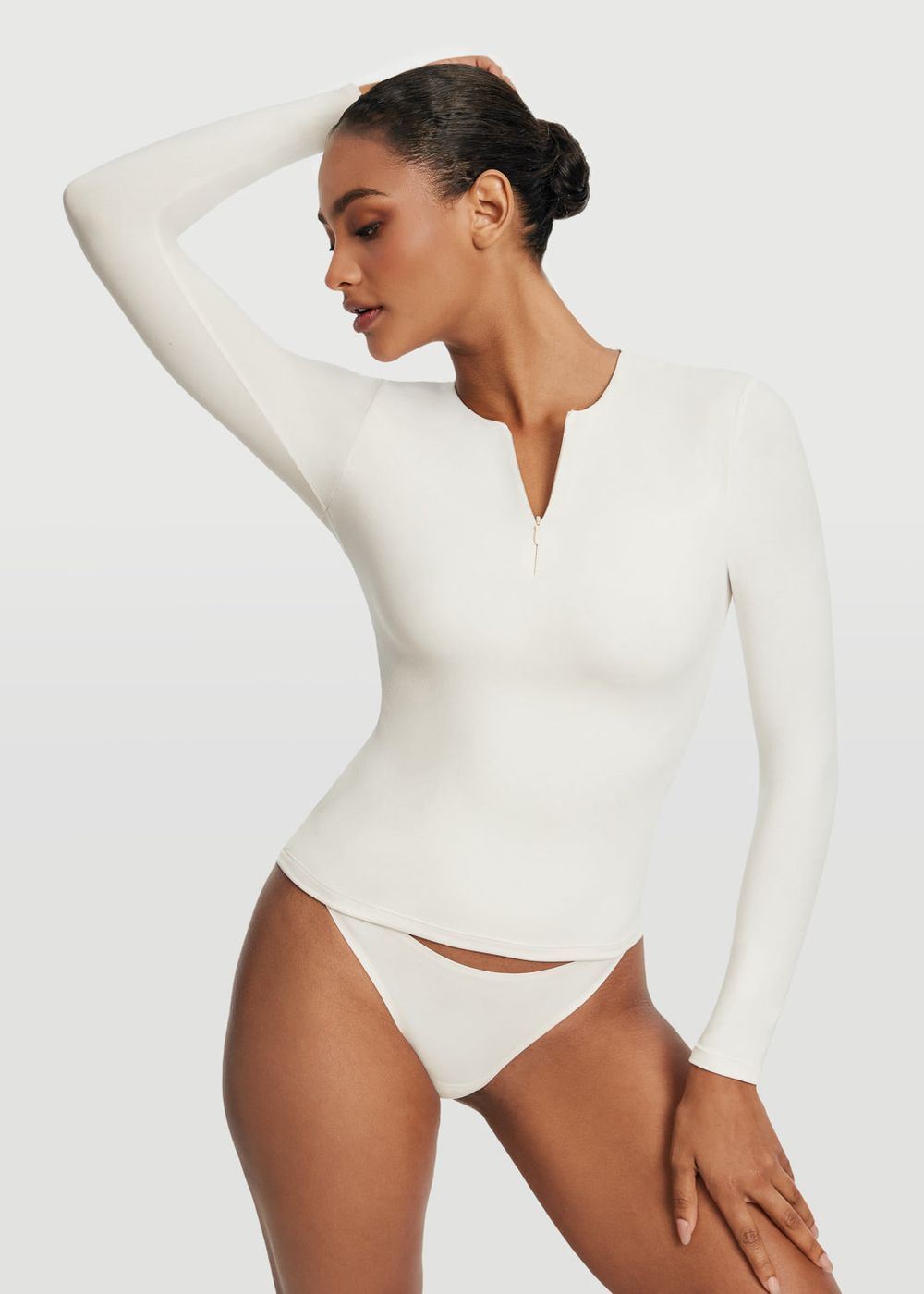 Quarter Zip Long Sleeve Top in White, front view