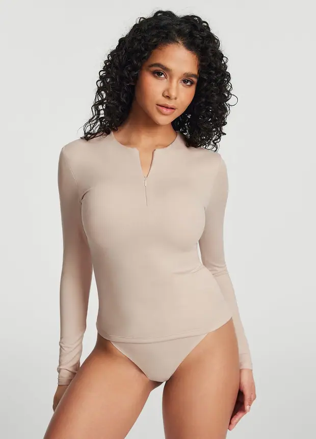 Quarter Zip Long Sleeve Top in Oat Milk, front view