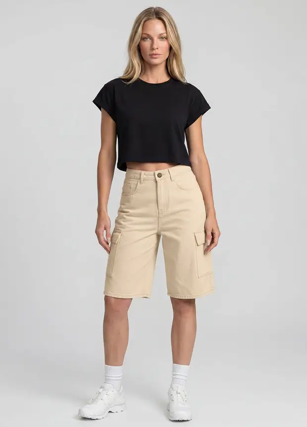 Relaxed Cargo Denim Shorts in Ivory, front view