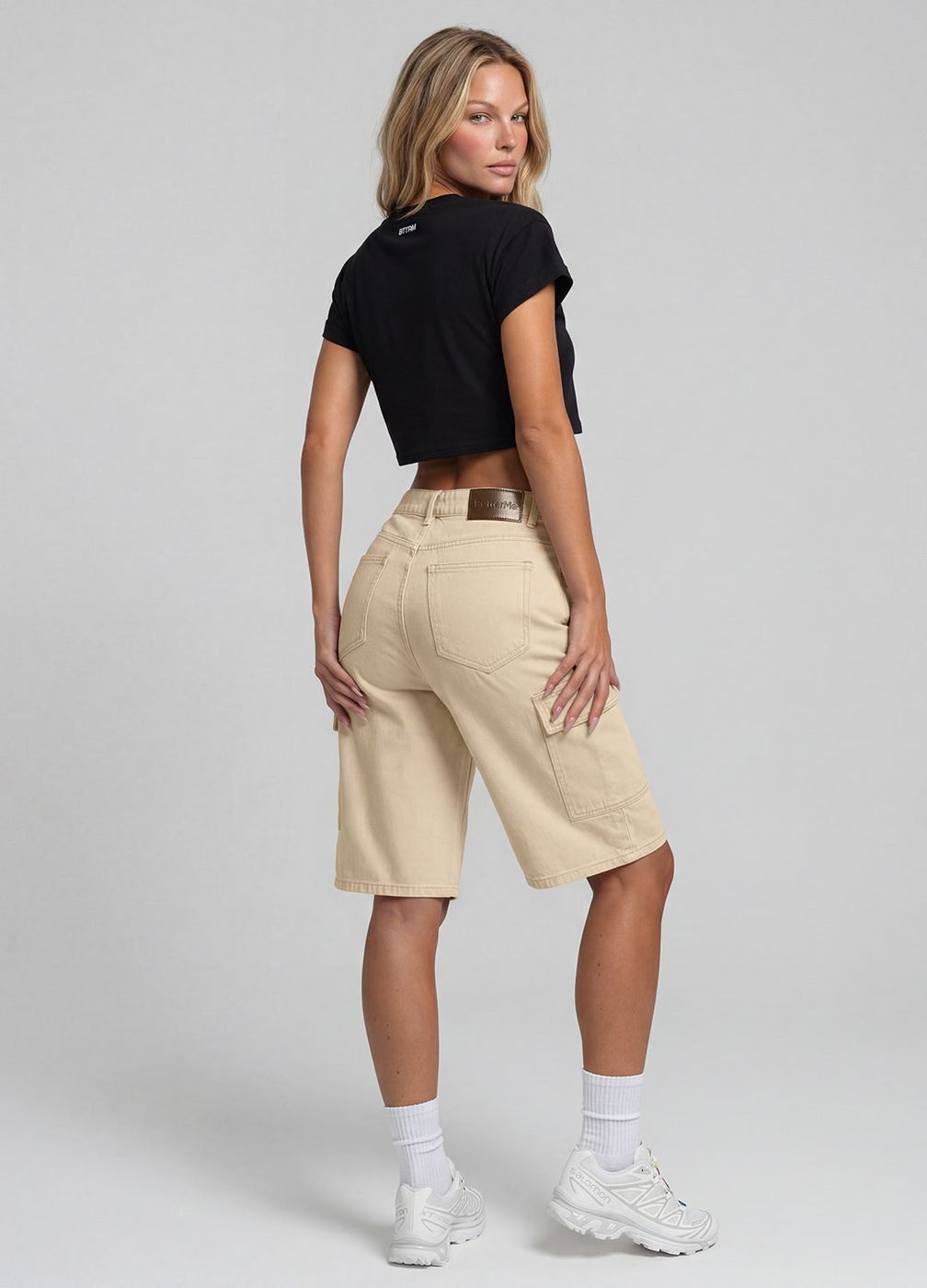 Relaxed Cargo Denim Shorts in Ivory, second view