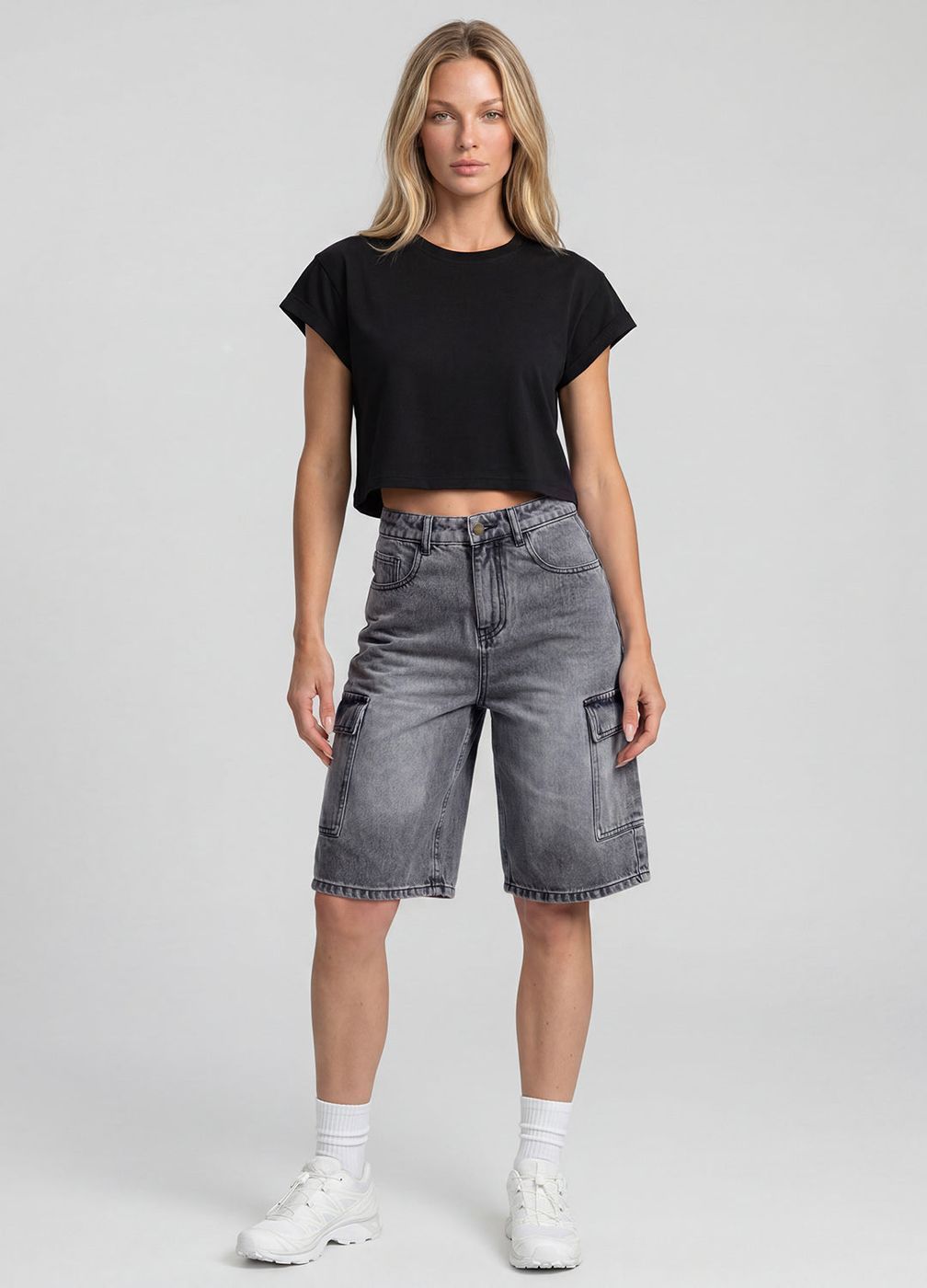 Relaxed Cargo Denim Shorts in Grey, front view