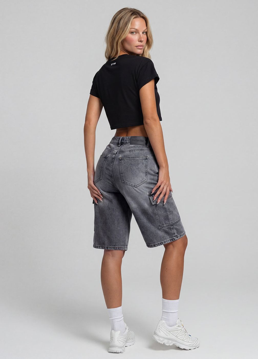 Relaxed Cargo Denim Shorts in Grey, second view