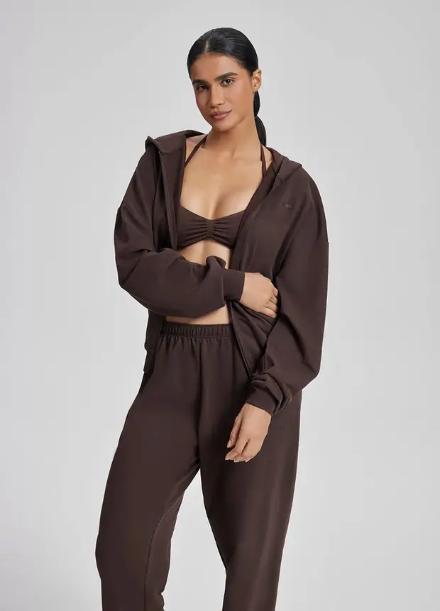Relaxed Oversized Full Zipper Kangaroo in Chocolate, front view