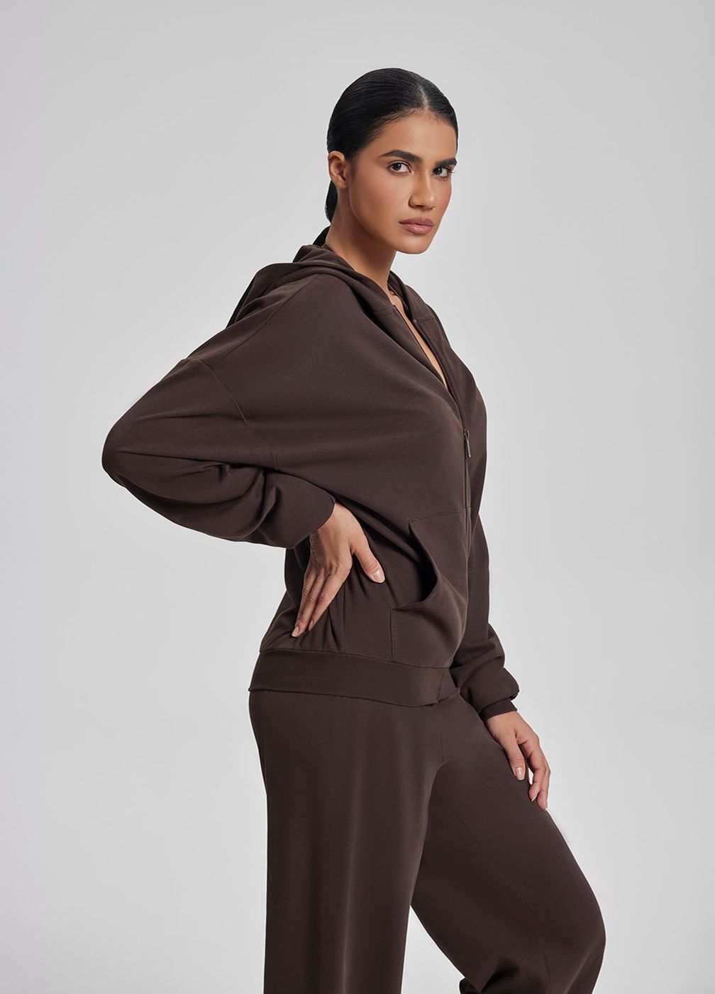 Relaxed Oversized Full Zipper Kangaroo in Chocolate, second view