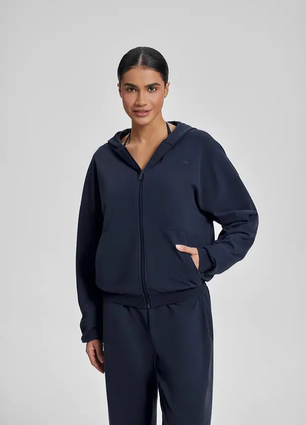 Relaxed Oversized Full Zipper Kangaroo in Midnight Navy, front view