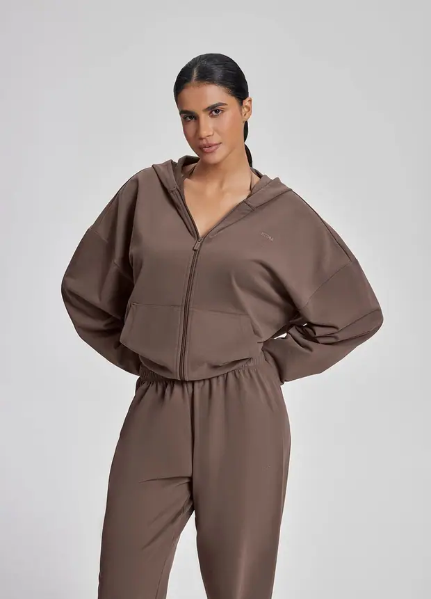 Relaxed Oversized Full Zipper Kangaroo in Dusty Taupe, front view