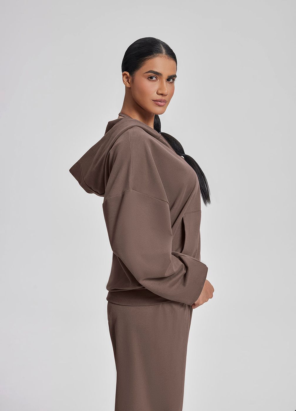Relaxed Oversized Full Zipper Kangaroo in Dusty Taupe, second view