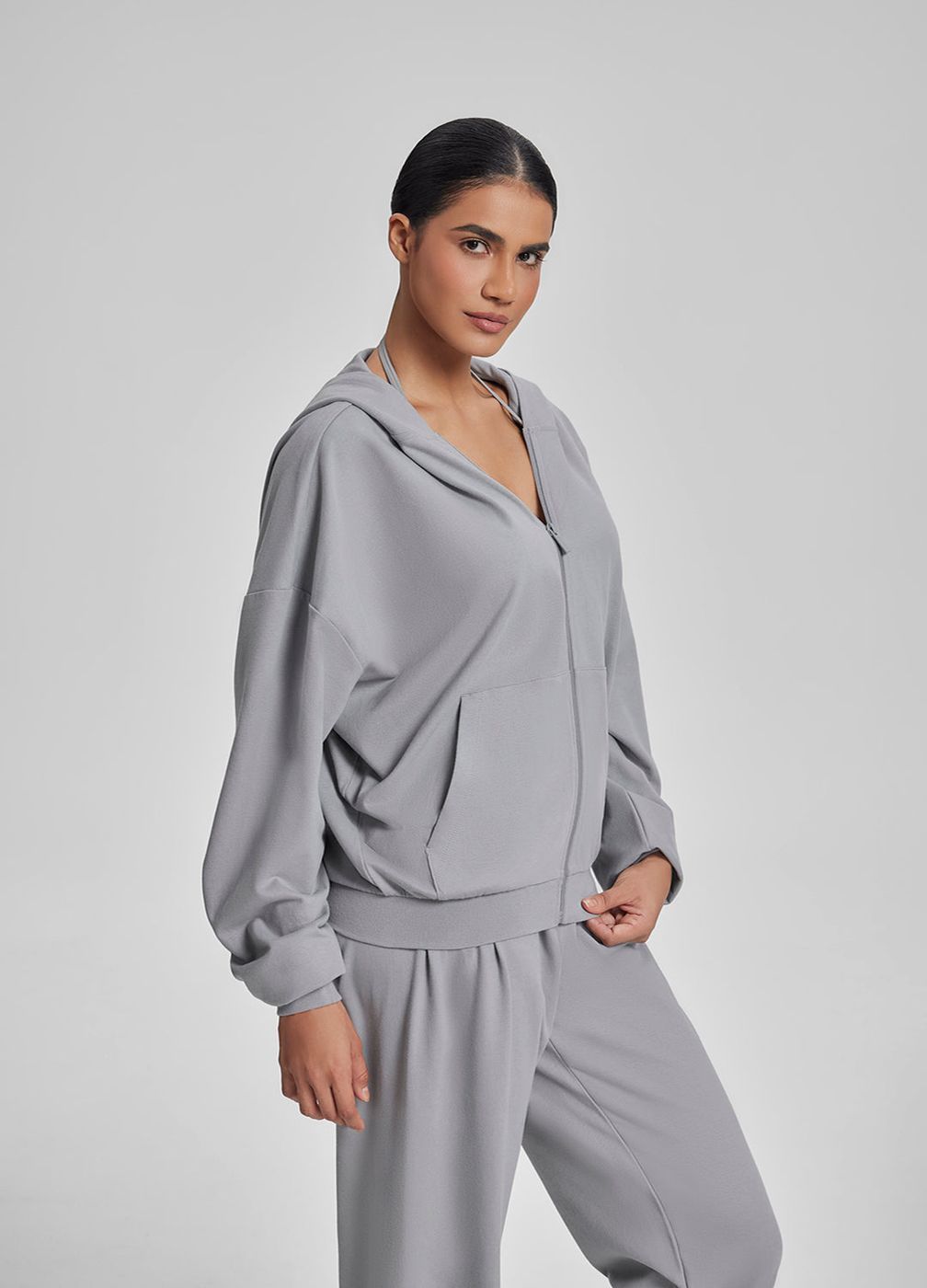 Relaxed Oversized Full Zipper Kangaroo in Ash Grey, second view