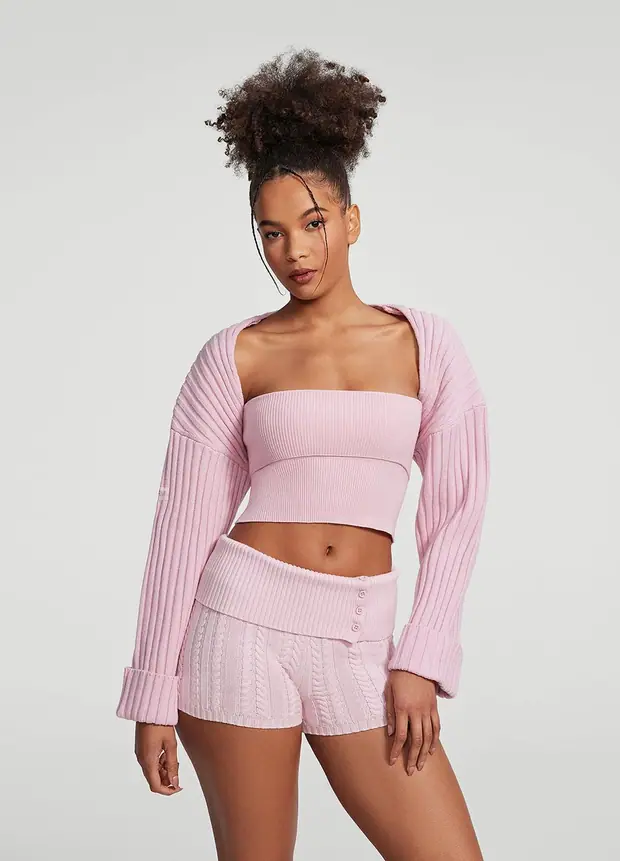Ribbed Knit Shrug in Ballet Pink, front view